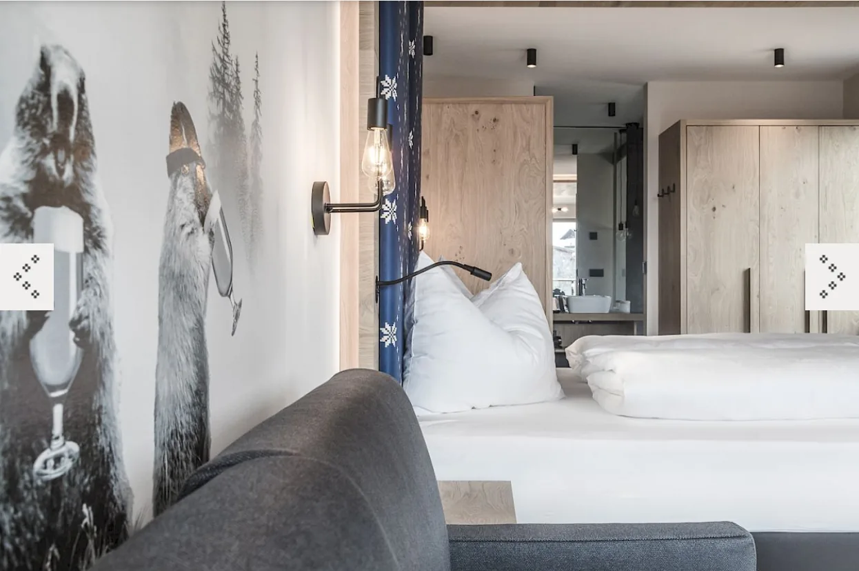 Hotel room with architectural wall print